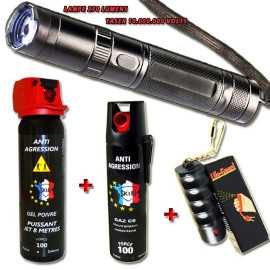 Pack defense diabolique : Taser-lampe + 3 Bombes lacrymogenes Gaz, Gel Piment, Porte-clef défense